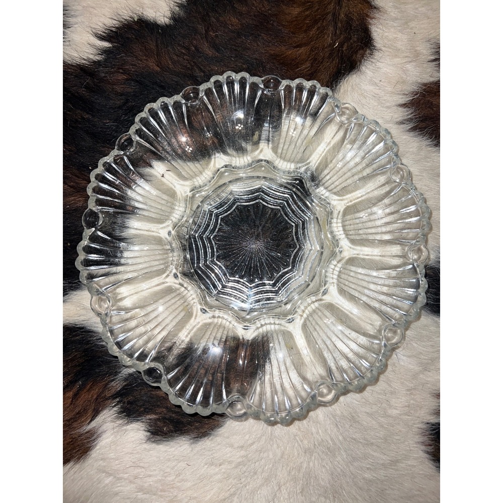 Vintage Clear Pressed Glass Deviled Egg Platter Scalloped Serving Dish 12 Slot